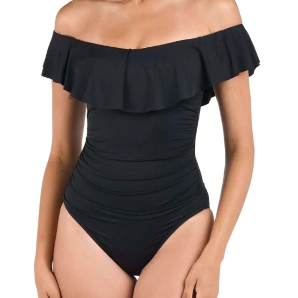 La Blanca Island Goddess Off Shoulder Ruffle Black One Piece Swimsuit